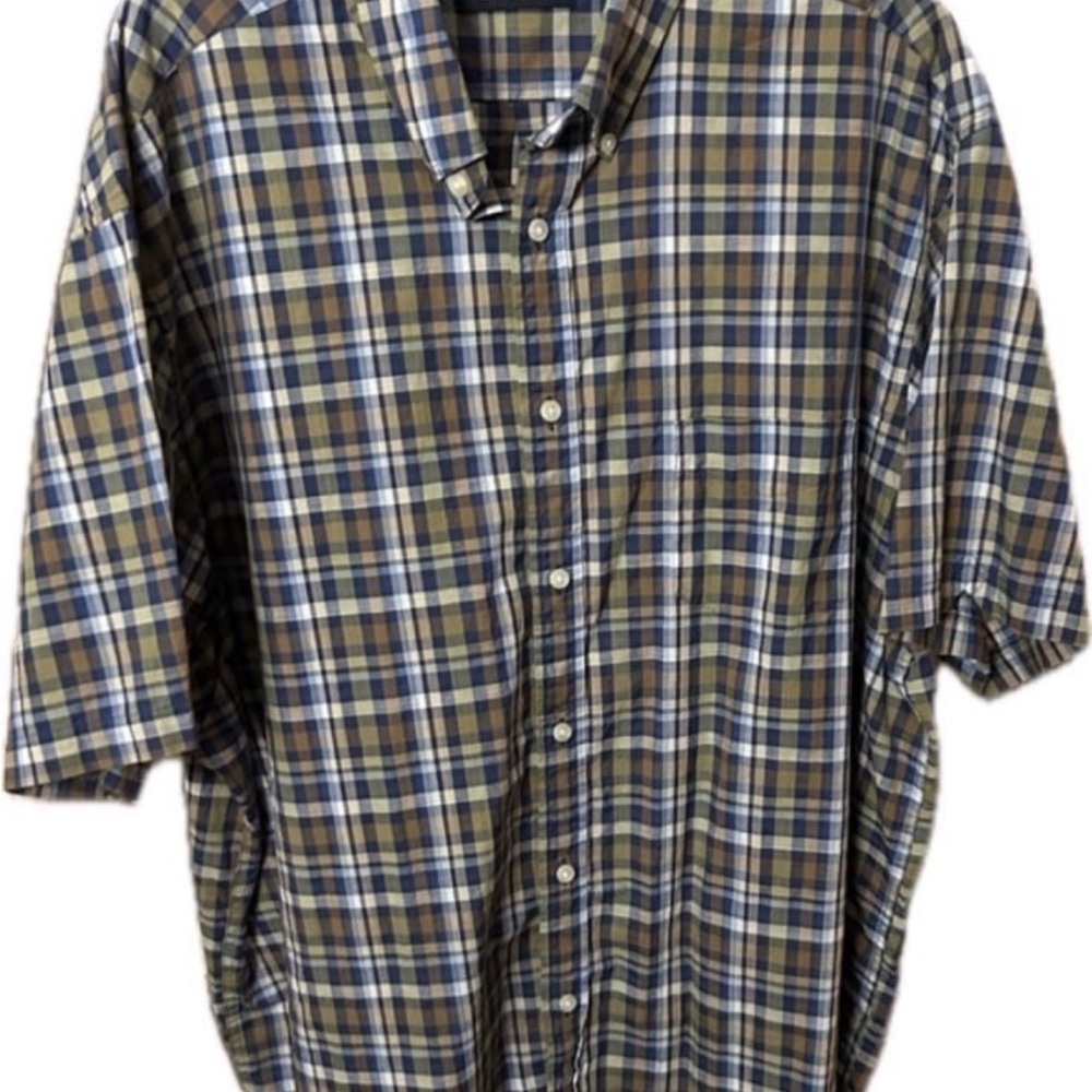 Roundtree & Yorke Short-Sleeve Plaid Button-Down Shirt - Blue, Brown & White